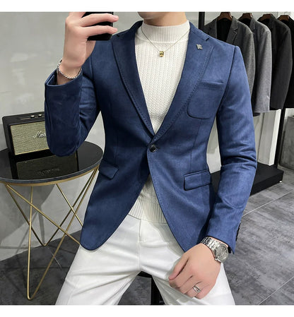 Men's Deerskin Fleece Blazer – Slim Fit Single Button Suit Jacket for Business & Casual Wear
