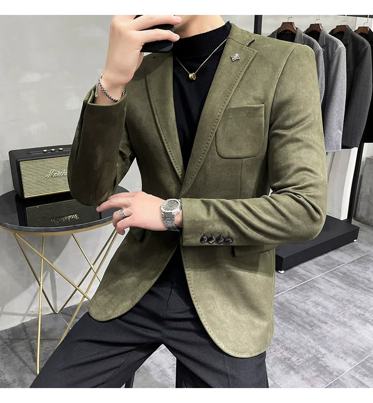Men's Deerskin Fleece Blazer – Slim Fit Single Button Suit Jacket for Business & Casual Wear