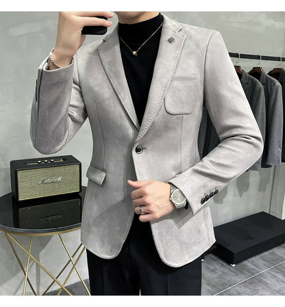 Men's Deerskin Fleece Blazer – Slim Fit Single Button Suit Jacket for Business & Casual Wear