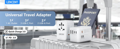 LENCENT 65W/100W GaN Fast Charging International Travel Adapter - 2 USB and 3 Type-C Ports, Includes EU, AU, US, UK Plugs