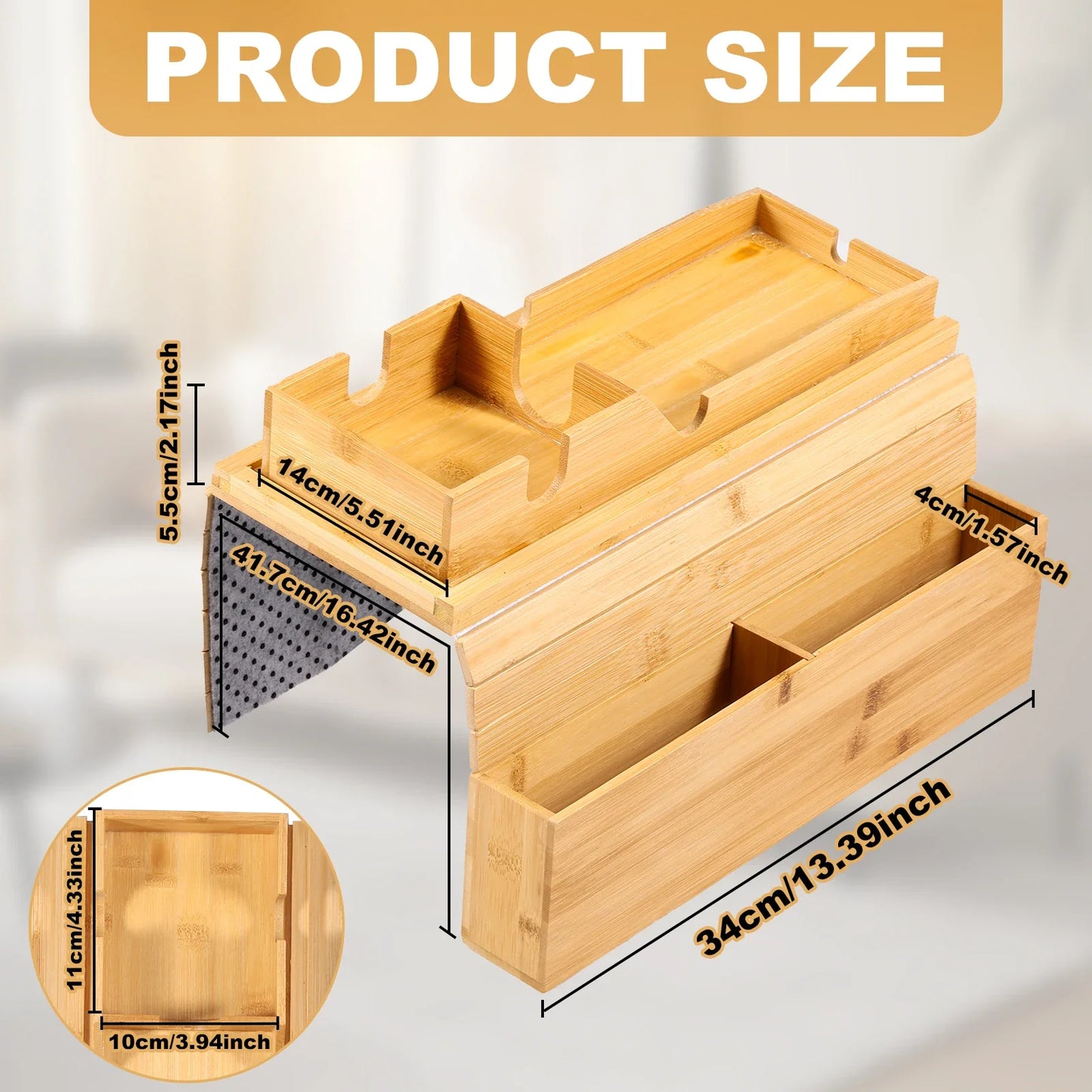 Bamboo Couch Cup Holder with Side Storage Pocket – Anti-Slip Foldable Sofa Armrest Tray for Cups, Snacks & Drinks