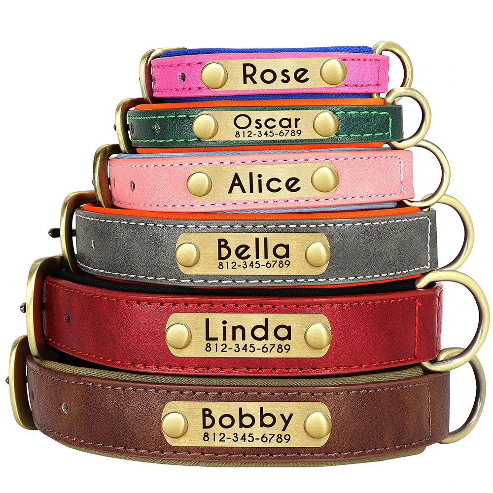 Customized Leather Dog Collar & Leash Set – Soft Padded Adjustable Collar for Small, Medium & Large Dogs with Engraved Nameplate