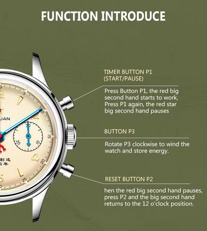 RED STAR 38mm Men's 1963 Chronograph Mechanical Watch – Pilot Air Force Aviation with Seagull ST1901 Movement & Sapphire Glass