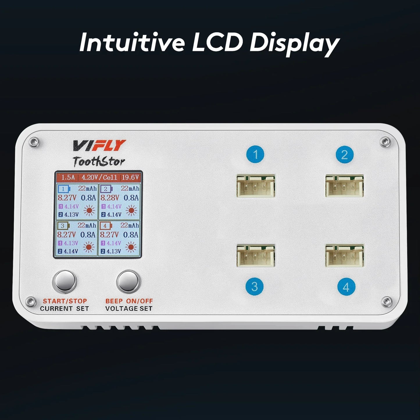 VIFLY ToothStor 4-Port 2S Balance Charger – LCD Display with Storage Mode for LiHV/LiPo RC FPV Racing Drone Batteries