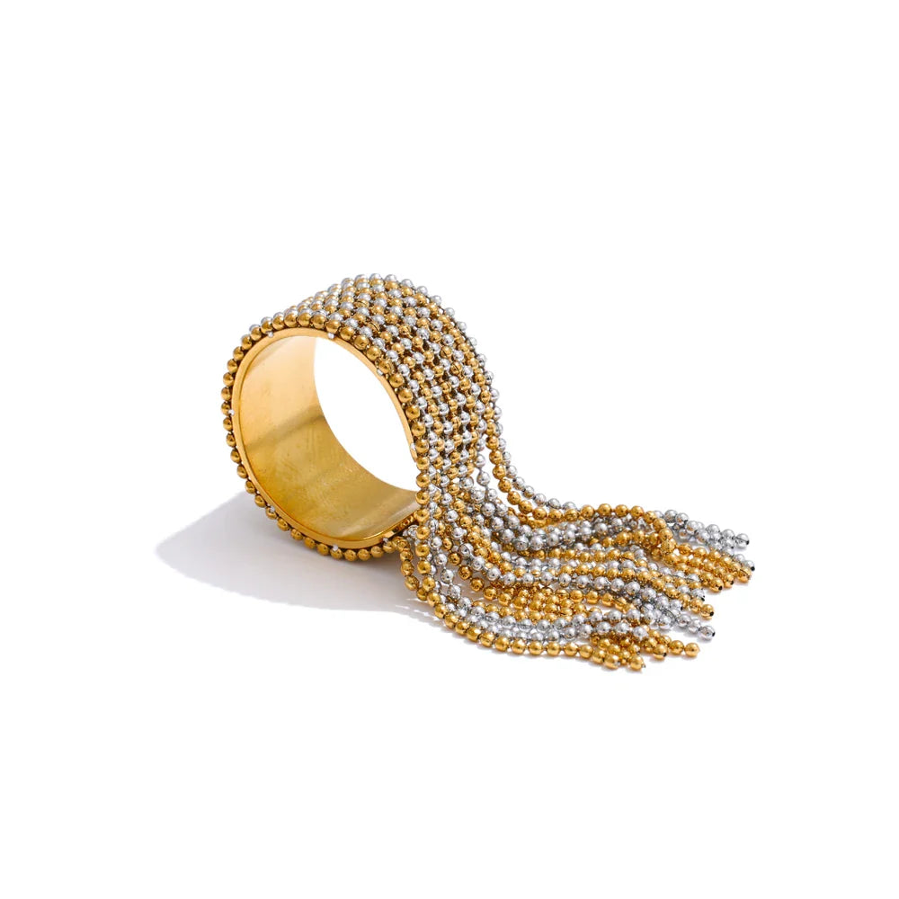 Yhpup Adjustable Stainless Steel Tassel Chain Finger Ring – 18K PVD Gold Plated Statement Charm Jewelry for Women