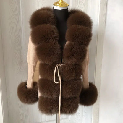 Women’s Spring & Autumn Sweater Cardigan – Real Fox Fur Collar Jacket, Natural Fur Outerwear