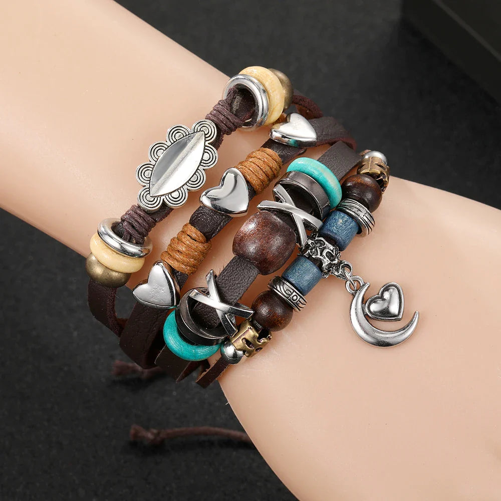 Vintage Gothic Punk Moon & Star Metal Bracelet - Multilayer Leather Bangle for Men, Leaf & Sun Arm Jewelry