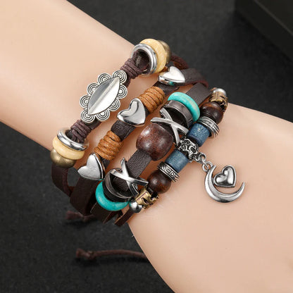 Vintage Gothic Punk Moon & Star Metal Bracelet - Multilayer Leather Bangle for Men, Leaf & Sun Arm Jewelry