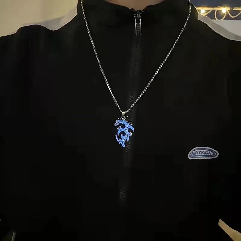 Hip-Hop Rock Dragon Necklace – Stainless Steel Chain with Luminous Alloy Pendant, Glow-in-the-Dark Night Dance Jewelry