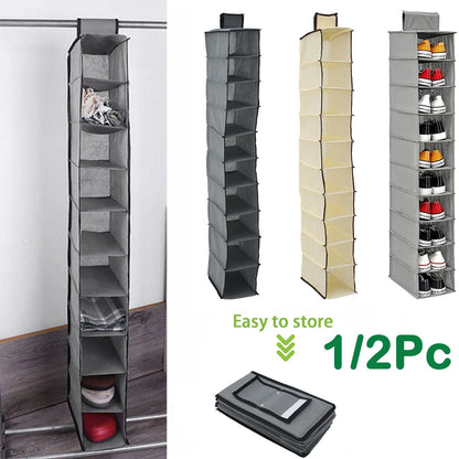 10-Layer Hanging Storage Bag - Foldable Space-Saving Organizer for Clothes, Hats, Shoes, Fits Collapsible Wardrobes, Available in 1/2Pcs