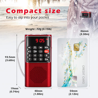 PRUNUS J-328 Mini Portable Pocket FM Radio: Handheld MP3 Walkman with Recorder & Rechargeable Battery - Ideal for Hiking