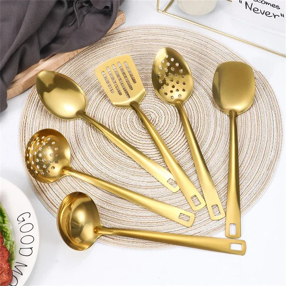 6PCS Hot Pot Cutlery Set – Stainless Steel Golden Spoons & Strainer Kitchenware