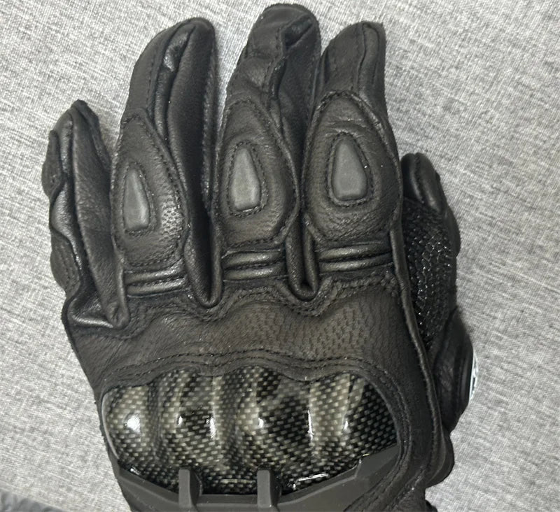 Motorcycle Gloves – Black Racing Genuine Leather, White Road Riding Team Gloves for Men, Summer & Winter with Touch Screen Compatibility