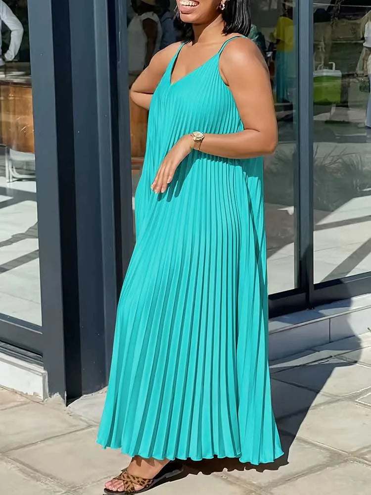 Women’s Summer Sleeveless V-Neck Dress – Elegant Pleated Loose Long Dress, Thin Straps, Plus Size