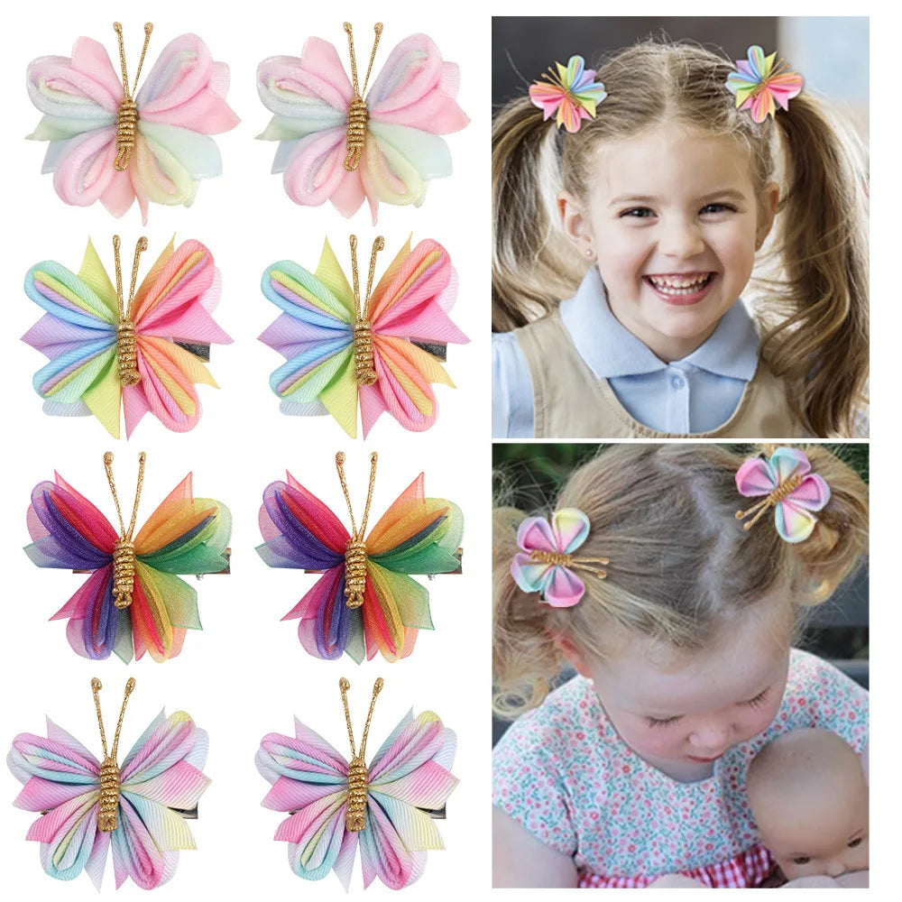 Butterfly Hair Clips with Gold Flocking - 2-Piece Gradient Gauze Hairpins for Girls