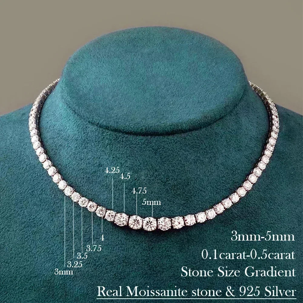 Moissanite Tennis Necklace with Certificate – 3–5mm Gradient Diamond Riviera Necklace in S925 Silver Choker for Women
