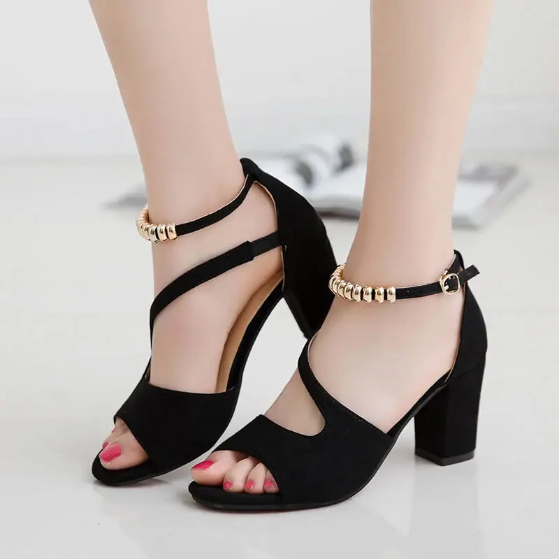 Women’s Spring Summer Sexy Fish Mouth Roman Sandals – Hollow Beaded High Heel Thick Sole Summer Shoes