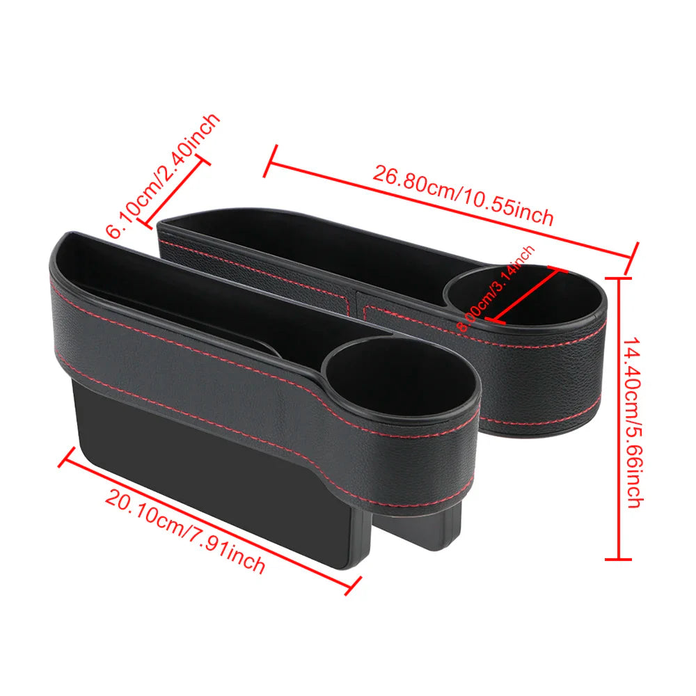 Car Seat Gap Organizer – Leather Auto Crevice Storage Box with Cup & Phone Holder, USB Option