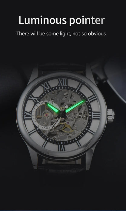 LONGLUX Rome Automatic Mechanical Waterproof Men’s Watch – Hollow Dial Leather Wristwatch Gift