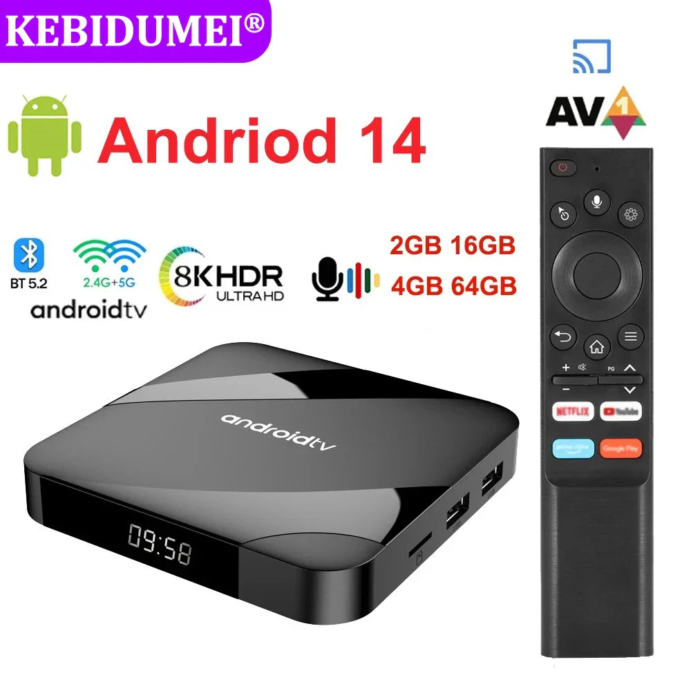 Android 14 TV Box 8K 4K Set Top — Bluetooth 5.2, 4GB RAM, 64GB Storage, S905W2 Quad Core, Dual WiFi, Voice Remote Media Player