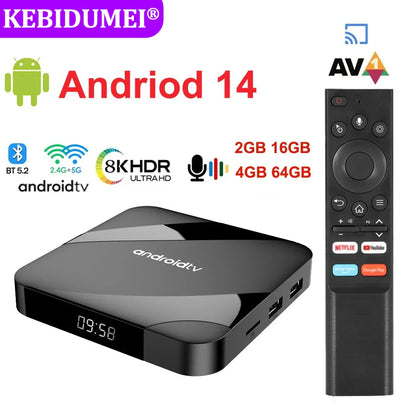 Android 14 TV Box 8K 4K Set Top — Bluetooth 5.2, 4GB RAM, 64GB Storage, S905W2 Quad Core, Dual WiFi, Voice Remote Media Player