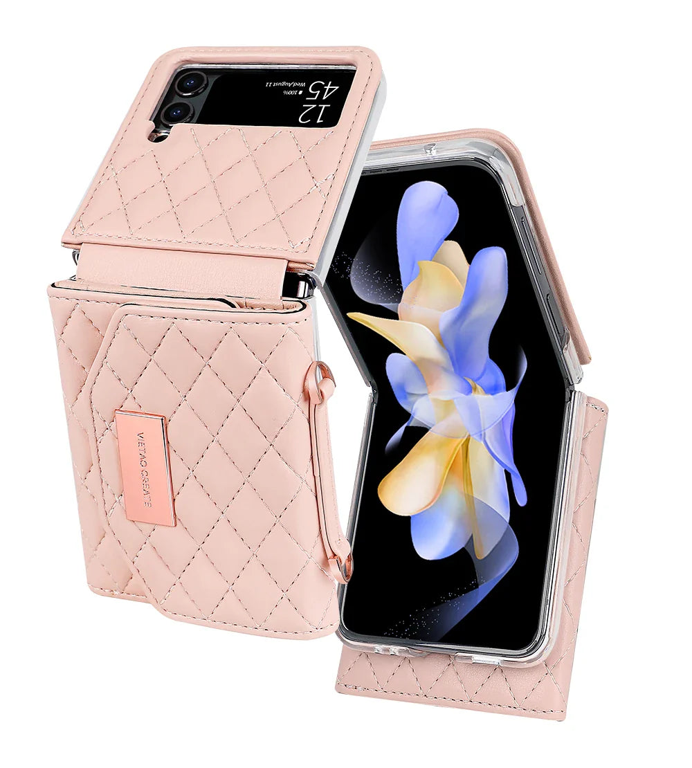 VIETAO Leather Wallet Phone Case with Crossbody Strap — Pink Purse Case for Samsung Galaxy Z Flip 3/4/5/6/7