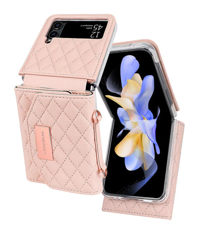 VIETAO Leather Wallet Phone Case with Crossbody Strap — Pink Purse Case for Samsung Galaxy Z Flip 3/4/5/6/7