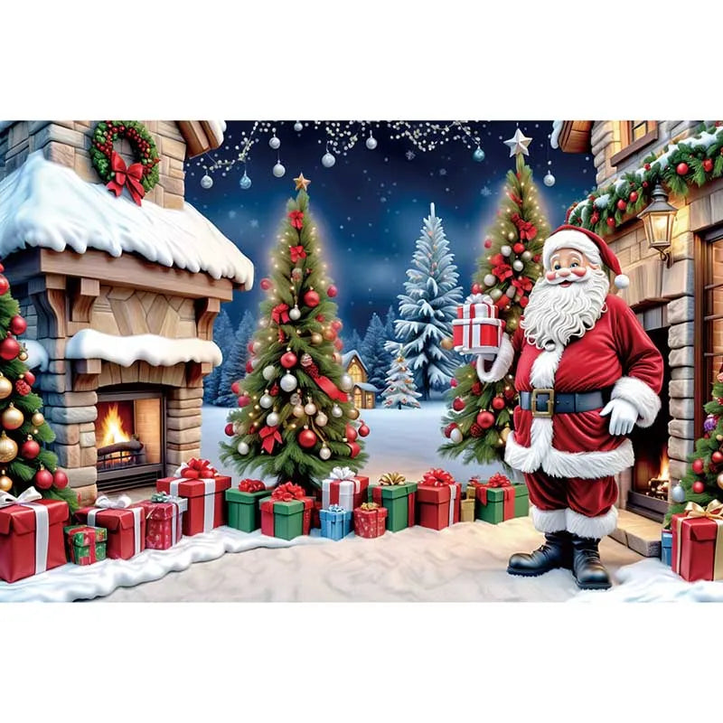 MOON.QG Christmas Santa Claus Village Backdrop – Holiday Photo Studio Background with Trees & Gifts for Home Decoration