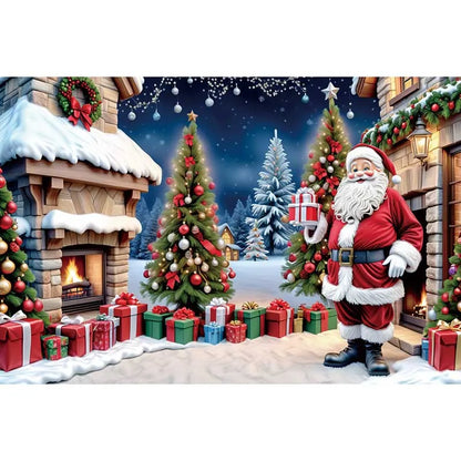 MOON.QG Christmas Santa Claus Village Backdrop – Holiday Photo Studio Background with Trees & Gifts for Home Decoration