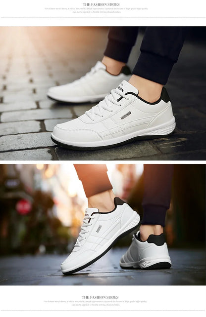 MAEDEF Men's Leather Sneakers – Waterproof Casual Lace-Up Footwear, Comfortable Vulcanized Shoes for Men