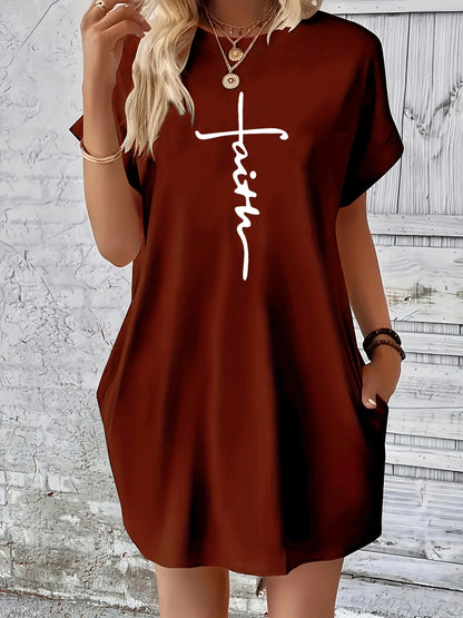 Women’s Plus Size Summer Casual Dress – Loose Fit Cross Faith Print Round Neck Short Sleeve Pocket T-Shirt Dress
