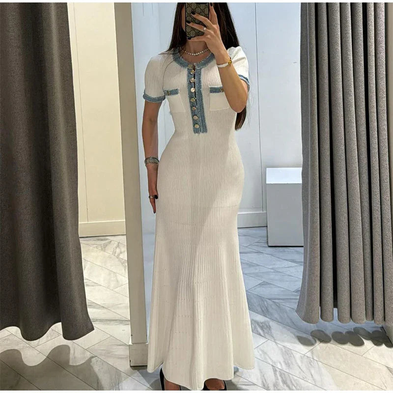 Elegant Denim Patchwork Knitted Long Dress – Women’s V-Neck Short Sleeve Bodycon with Buttons & Pockets