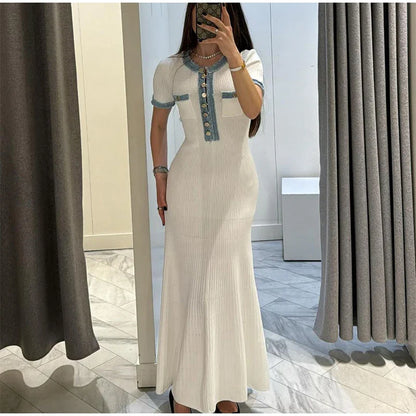 Elegant Denim Patchwork Knitted Long Dress – Women’s V-Neck Short Sleeve Bodycon with Buttons & Pockets