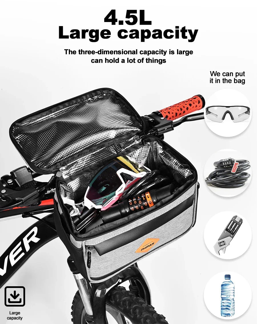 PHMAX Insulated Cycling Front Handlebar Bag – Large Waterproof MTB Pannier with Touch Screen & Cooler Compartment