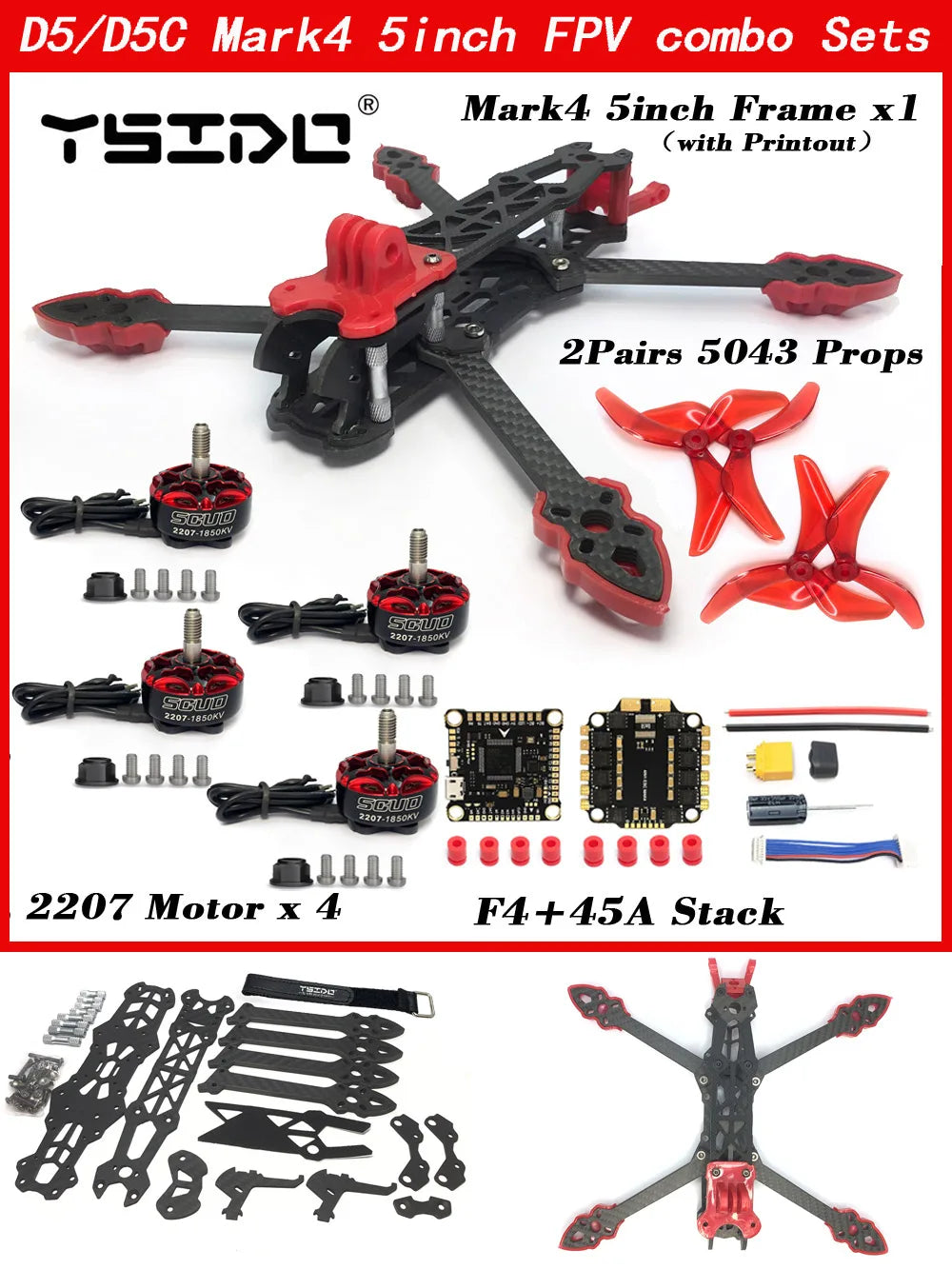 Mark4 5-Inch D5/D5C FPV Carbon Fiber Frame – 5mm Arm, 5043 Propeller, F4V3S FC, 45A ESC Stack & ELRS 915MHz Drone Kit