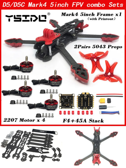 Mark4 5-Inch D5/D5C FPV Carbon Fiber Frame – 5mm Arm, 5043 Propeller, F4V3S FC, 45A ESC Stack & ELRS 915MHz Drone Kit