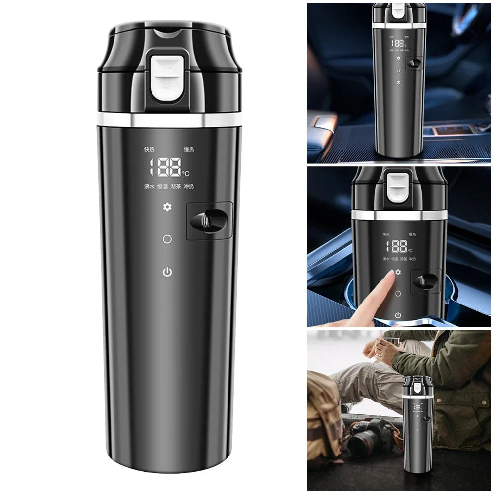 12V/24V Car Heating Cup - 500ml Stainless Steel Electric Kettle with LCD Display, Smart Heated Mug for Coffee, Tea & Milk