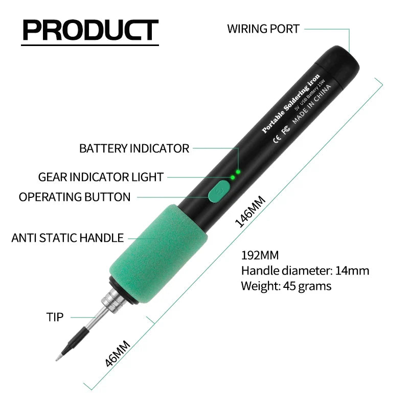 LF USB Soldering Iron 8W – 3-Level Adjustable Temperature Rechargeable Lithium Battery Welding Kit for DIY Electronics & Home Repair Soldering Set