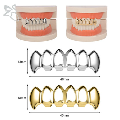 ZS Hip Hop Grillz – Silver/Gold Plated CZ Crystal Cross & Rose Star Tooth Cap, Top & Bottom Set