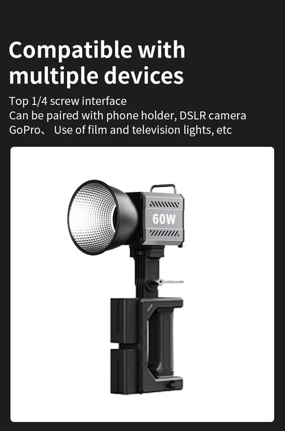 60W COB Video Light - CRI≥90, TLCI≥97, Dual Color Temperature 2700K-6500K, Portable Mini Bowens Live Lighting