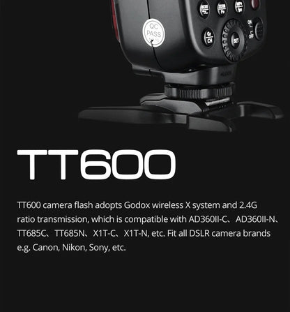 Godox TT600 2.4G Wireless Camera Flash – GN60 Speedlite Master/Slave for Canon, Nikon, Sony, Pentax, Olympus, Fuji, Lumix