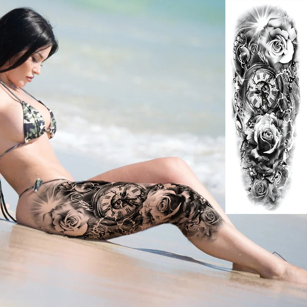 Full Arm Temporary Tattoo Sleeve - Realistic Warrior Lion Tiger Flower & Maori Design Fake Tattoos