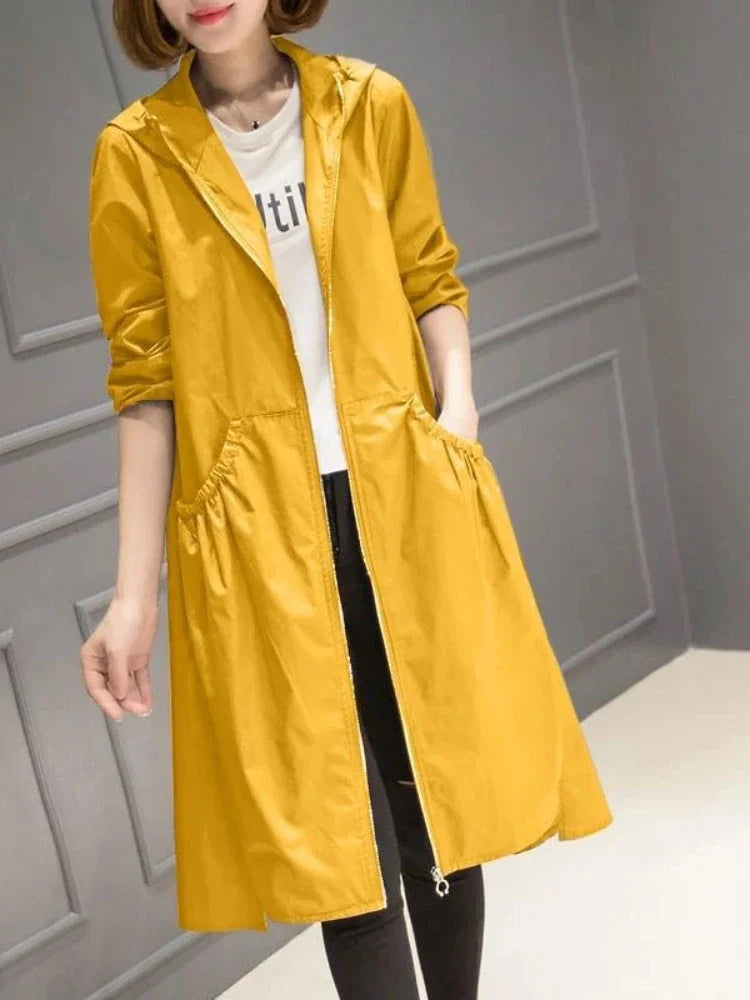 Women’s Mid-Length Hooded Trench Coat - Lightweight Loose Windbreaker for Spring & Summer