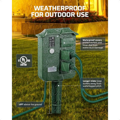 Outdoor Waterproof Power Stake Timer — 6-Grounded Outlets with 100FT Cord, Remote & Dusk-to-Dawn Photocell
