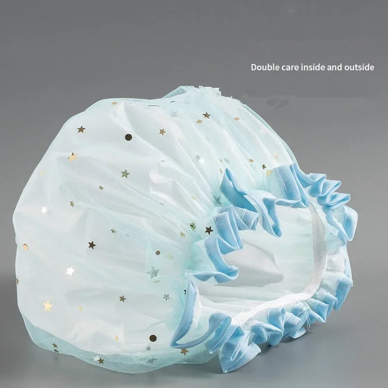 Waterproof Double-Layer Shower Cap – Starry Sky Design, Fashionable Reusable Bathing Hat, Oil-Proof Kitchen Hat