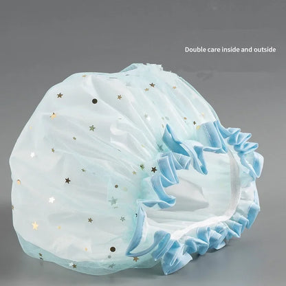 Waterproof Double-Layer Shower Cap – Starry Sky Design, Fashionable Reusable Bathing Hat, Oil-Proof Kitchen Hat