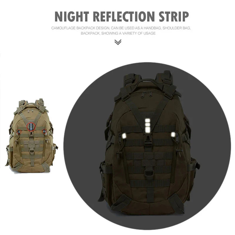 40L Tactical Camping Backpack - Men's Travel Bag, Molle Climbing Rucksack for Hiking, Outdoor, Fishing, and Reflective Shoulder Strap