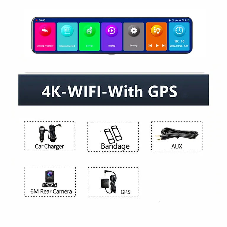 4K Dash Cam Car Mirror – 3840x2160P Video Recording, Wireless CarPlay & Android Auto, 5G WiFi, GPS Navigation