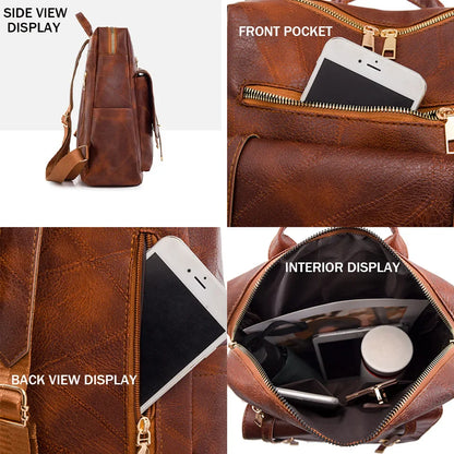 Trendy Women's Vintage PU Leather Backpack - Brown Daypack, Casual Travel and Retro Student School Bag