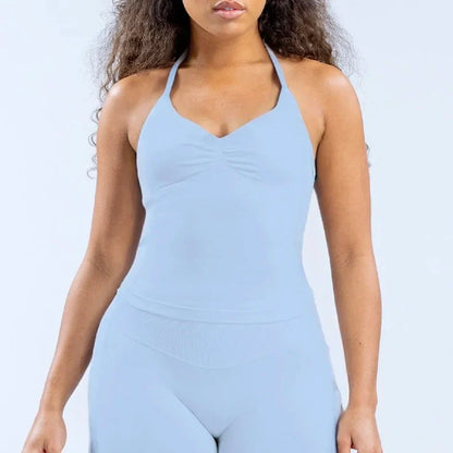 New Impact Sports Yoga Vest - Women's Backless Fitness Top, Built-in Bra with Cups, Scrunch Gym Clothes for Workout